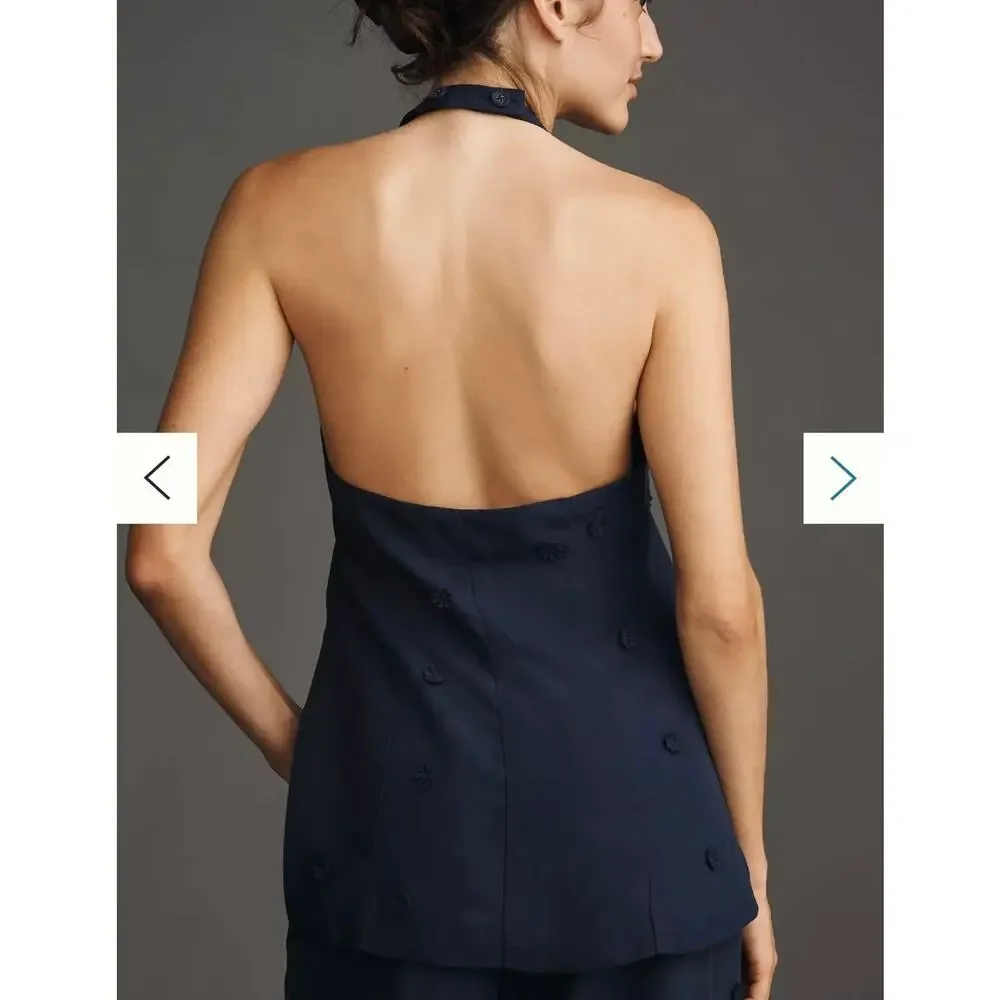 Maeve Linen Blend Halter Vest Size Small Navy Blue Anthropologie Linen Summer - Picture 2 of 15